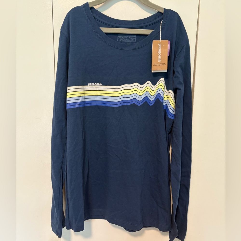 Patagonia Kids LongSleeve Organic Certified Cotton Navy Stripe TShirt, L, 12 NWT